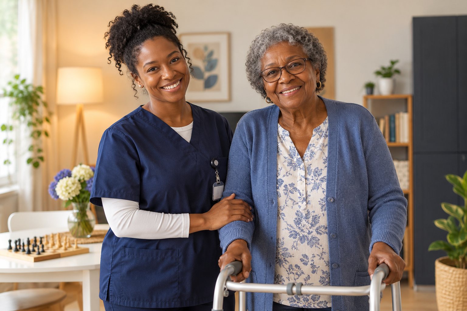 A nurse steadying a resident as she walks with her frame in the lounge