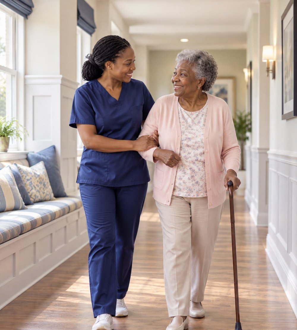 A Lakeland nurse walking arm in arm with a resident down a sunlit hallway