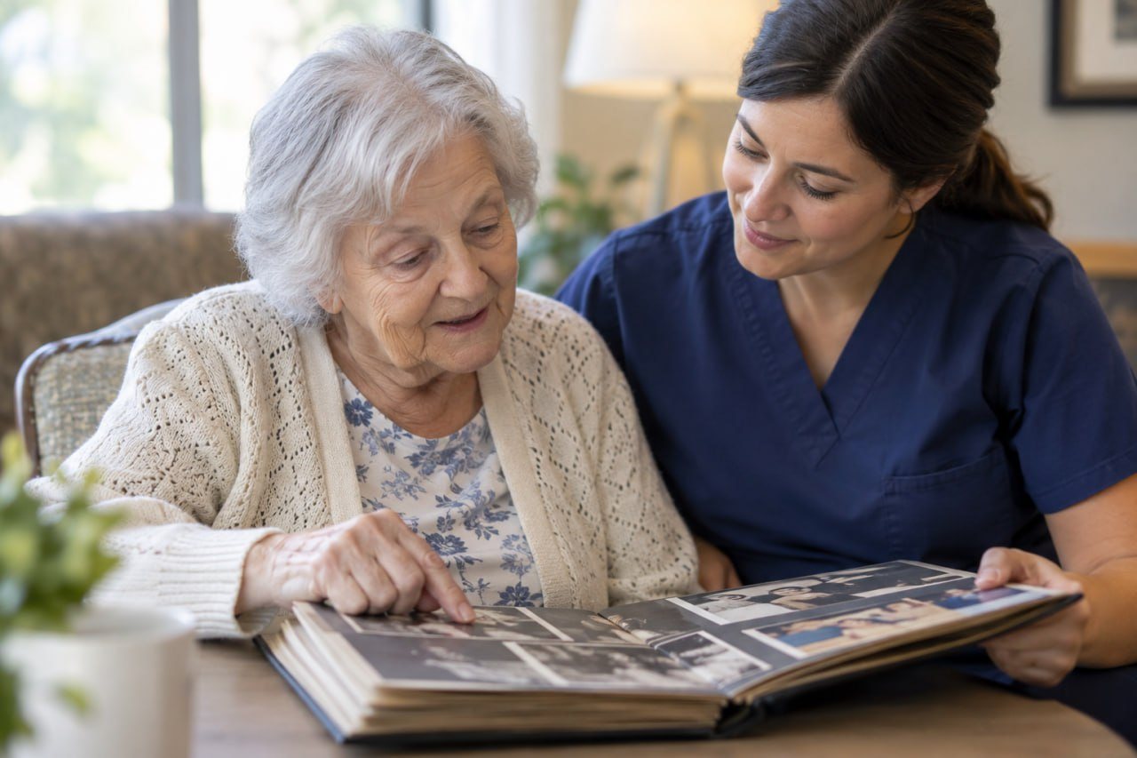 A caregiver sitting beside a resident as the two of them look through an old family photo album together